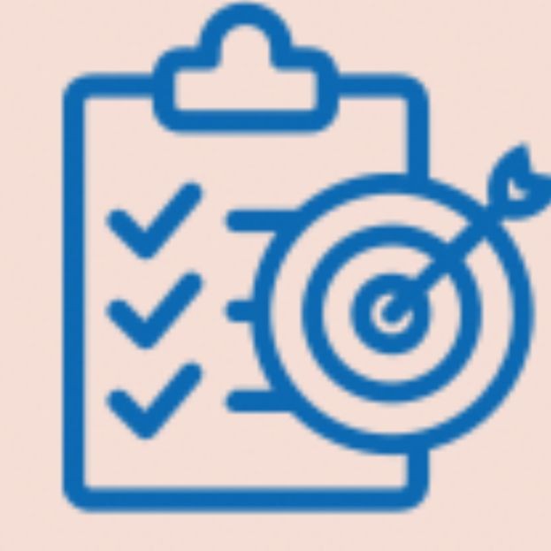 Blue icon of a clipboard with checkmarks next to a target with an arrow hitting the center.